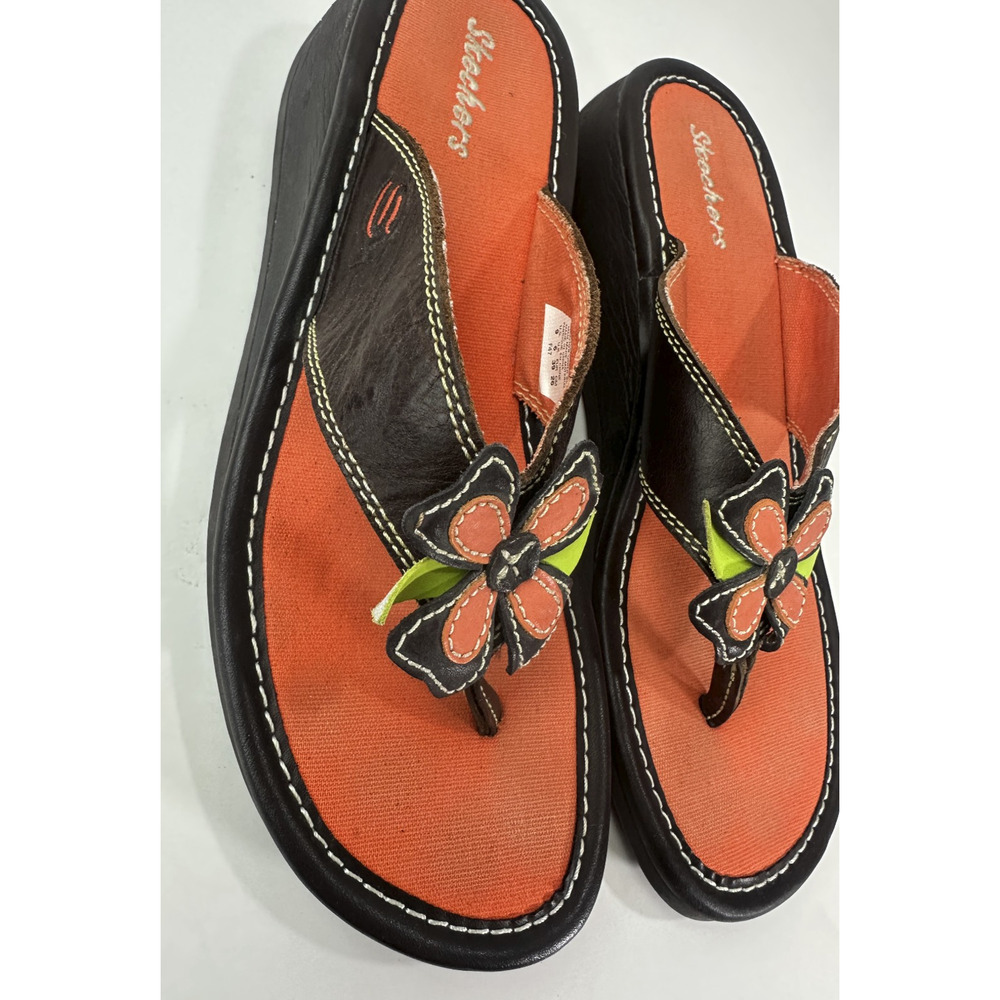 Skechers Y2K Style Flower Flip Flop Sandals Leather Size 9 Hippie Boho Festival - Picture 3 of 14